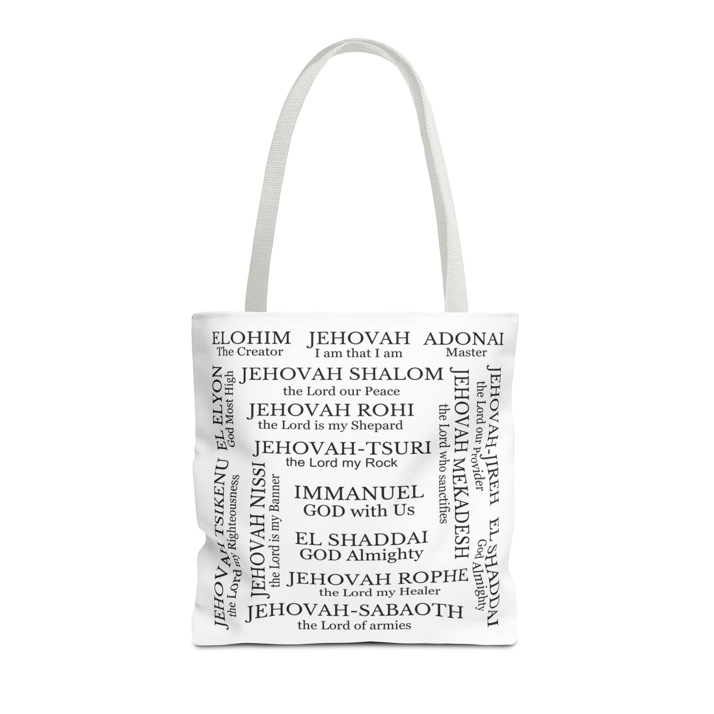 Names of God tote, Religious Tote Bag, Christian Accessory, Everyday Bag 16x16, Faith Gift, Book Lover Bag, Religious Gift, Christian Gift
