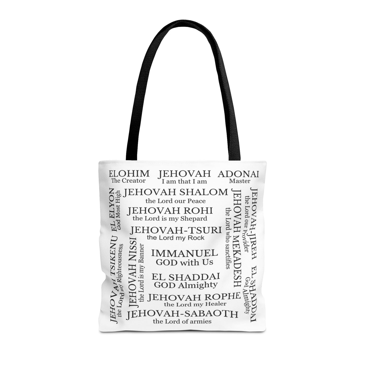 Names of God tote, Religious Tote Bag, Christian Accessory, Everyday Bag 16x16, Faith Gift, Book Lover Bag, Religious Gift, Christian Gift