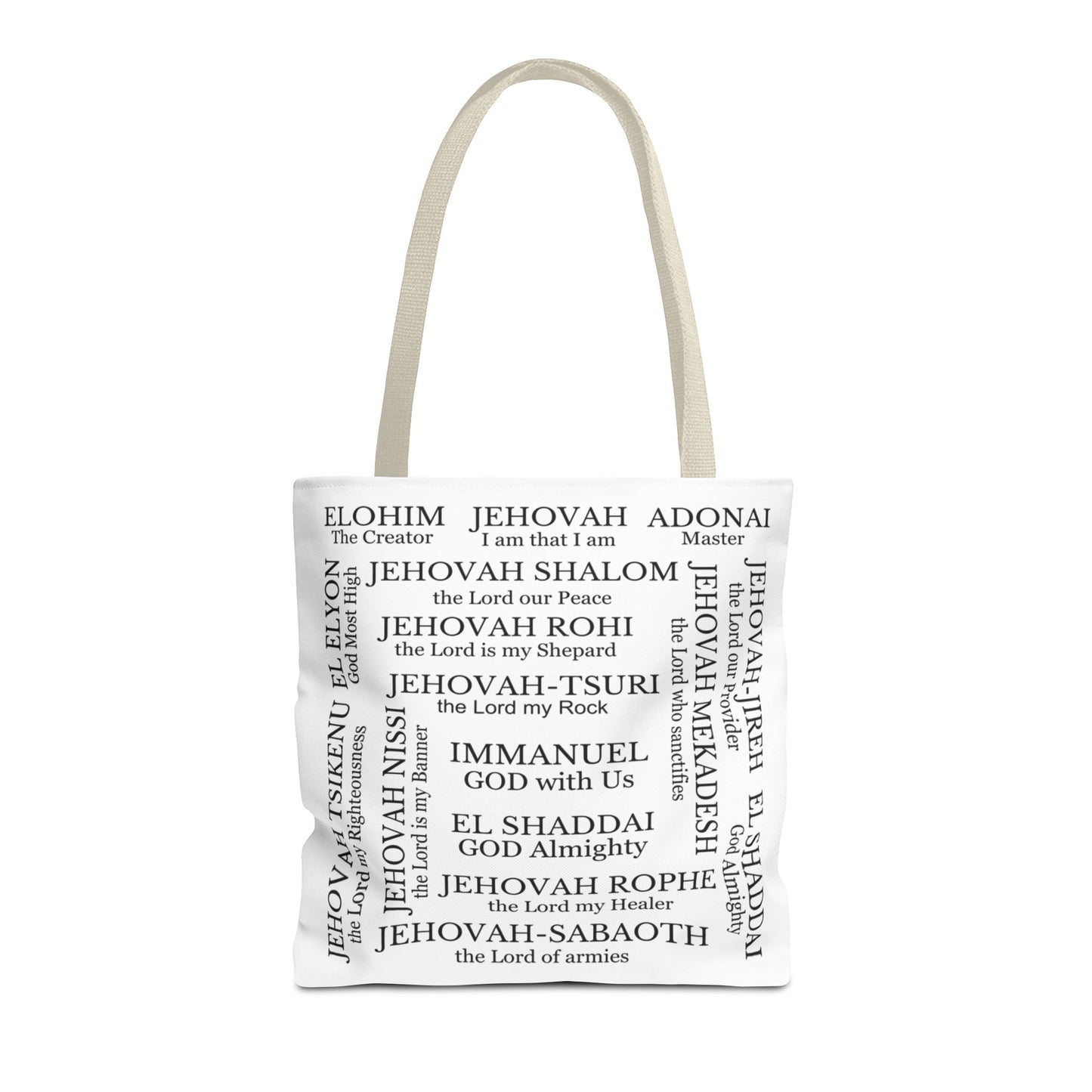 Names of God tote, Religious Tote Bag, Christian Accessory, Everyday Bag 16x16, Faith Gift, Book Lover Bag, Religious Gift, Christian Gift