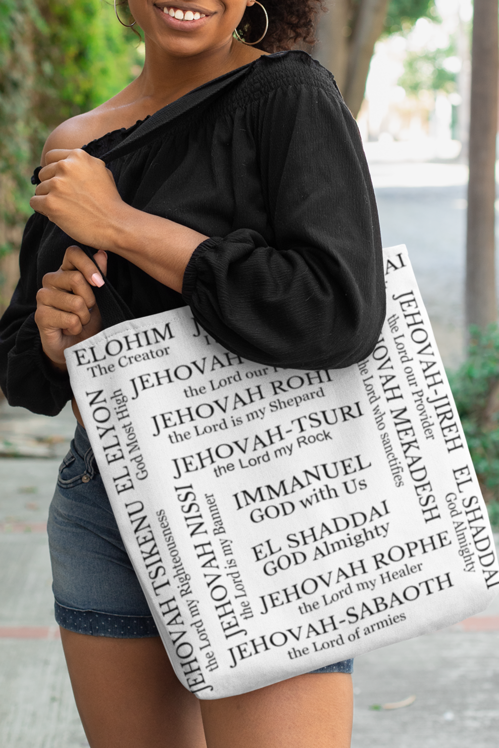Names of God tote, Religious Tote Bag, Christian Accessory, Everyday Bag 16x16, Faith Gift, Book Lover Bag, Religious Gift, Christian Gift