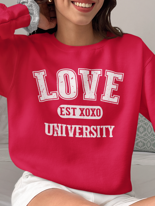 Women's Valentine's Distressed 'Love University' Sweatshirt, College Aesthetic, Vintage Graphic, Soft Fleece Valentine's Day Shirt, Valentine Sweatshirt