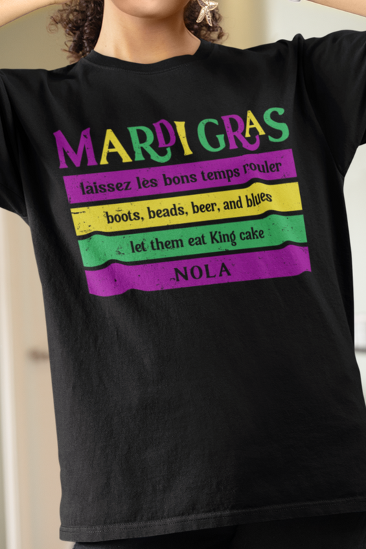 Mardi Gras Graphic Tee, Mardi Gras Shirts for Ladies, Unique Mardi Gras Shirts, Bold Typography, Celebration T-Shirt, Distressed Mardi Gras Tee