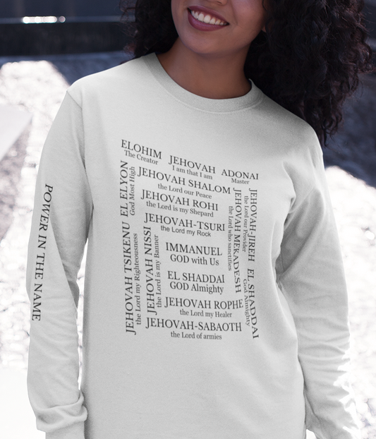 Names of God Christian Apparel Uplifting and Inspiring Religious wear Unisex Crewneck Religious Long Sleeve Tee Christian shirt Church wear